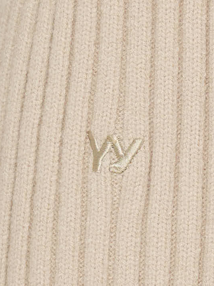 OPEN YY x Helinox beige ribbed knit sweater with V-neckline, shoulder zip slits and black Helinox label, front view - view 3