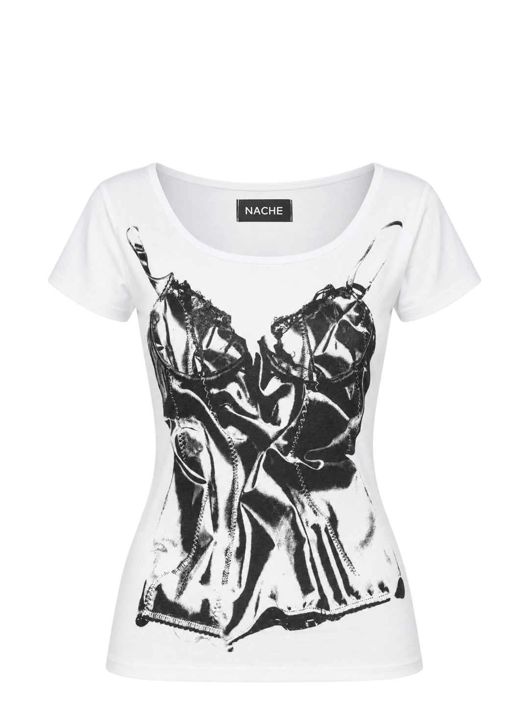 White scoop-neck short-sleeve t-shirt with a black x-ray-style lingerie slip print on the front and a Nache label at the neck
