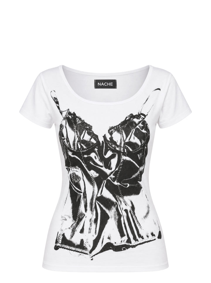 White scoop-neck short-sleeve t-shirt with a black x-ray-style lingerie slip print on the front and a Nache label at the neck