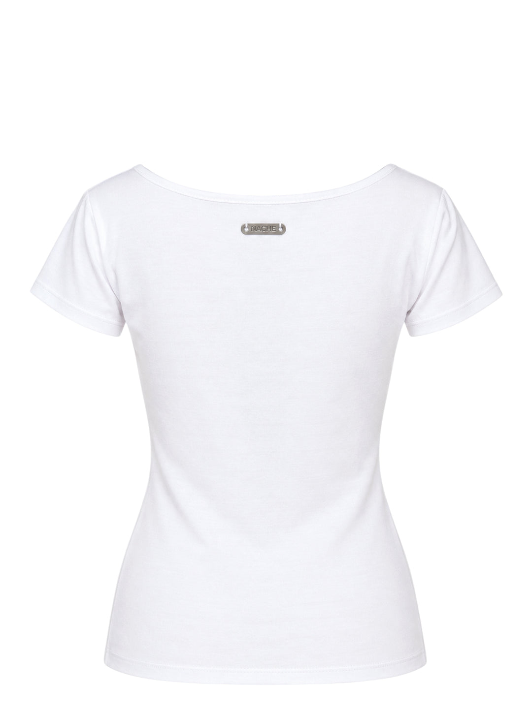 White scoop-neck short-sleeve t-shirt with a black x-ray-style lingerie slip print on the front and a Nache label at the neck - view 2