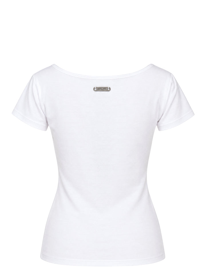 White scoop-neck short-sleeve t-shirt with a black x-ray-style lingerie slip print on the front and a Nache label at the neck - view 2