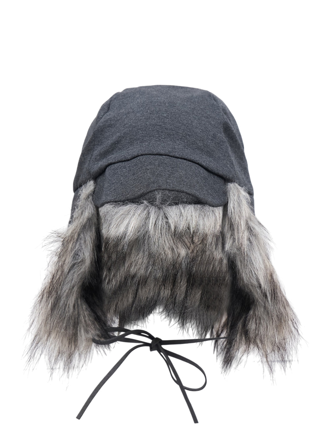Nache faux fur earflap cap in grey with plush faux fur flaps and tie fastening, front view