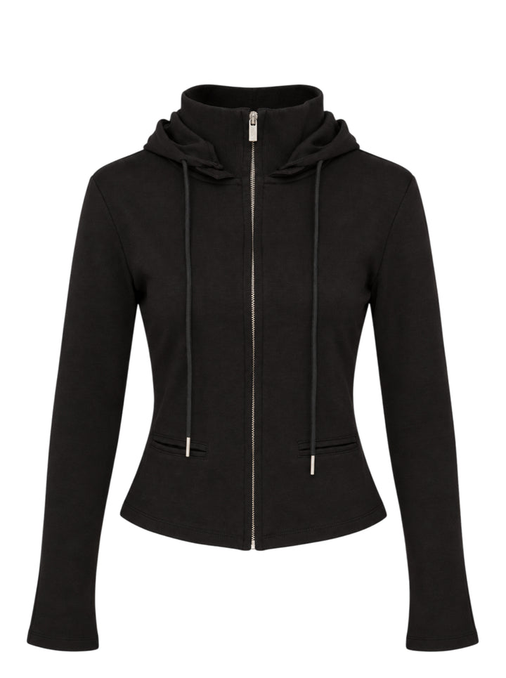 Nache black fitted zip-up hoodie with layered hood, ribbed funnel collar, drawstrings and welt waist pockets