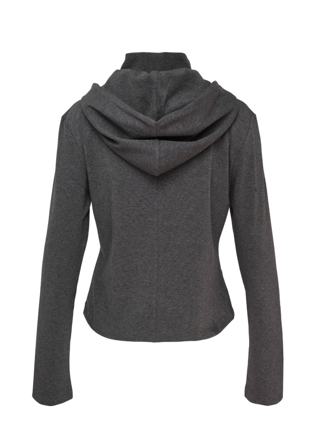 Heather charcoal grey zip-up hoodie with detachable hood, ribbed funnel collar, black drawcords and slit waist pockets - view 2