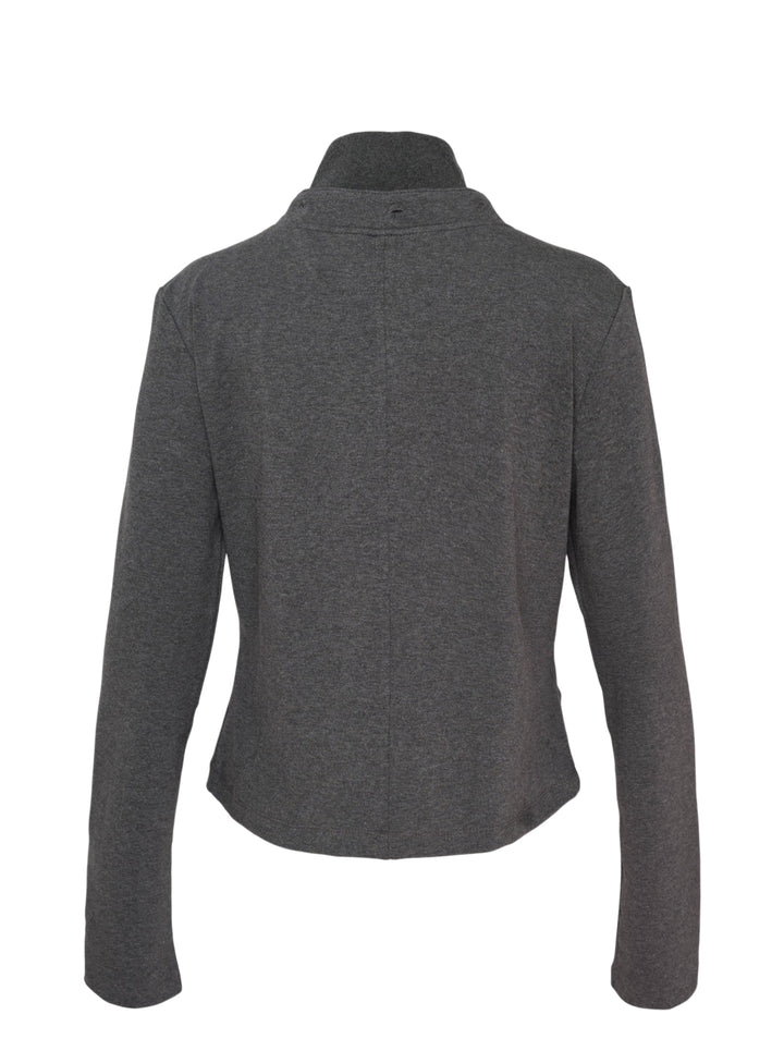 Heather charcoal grey zip-up hoodie with detachable hood, ribbed funnel collar, black drawcords and slit waist pockets - view 4