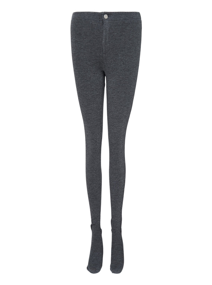 Nache charcoal ribbed knit sock pants with high waist, single button closure and integrated footed hem, shown front view