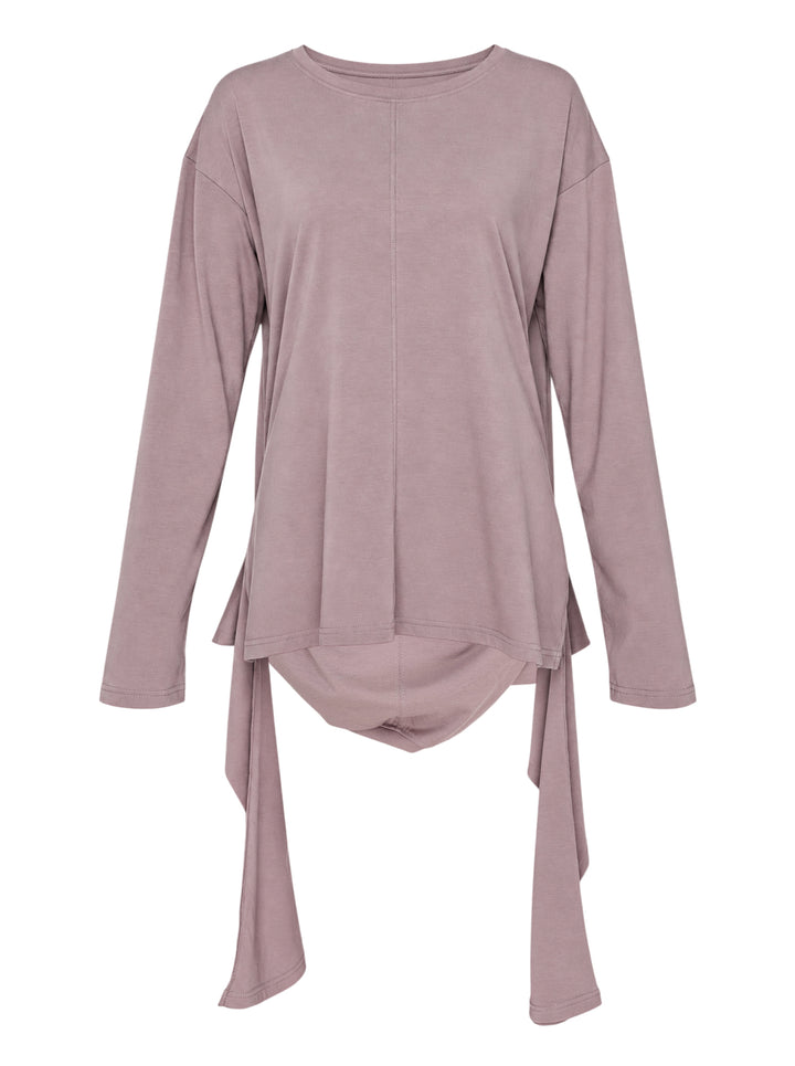 Nache Double Arm Long Sleeve Top in dusty mauve jersey with crew neckline, centre front seam and draped trailing side panels