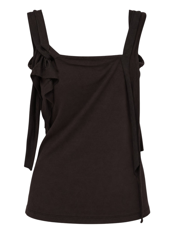 Black sleeveless jersey top with raw-cut ruffles, knotted straps and white piped draped neckline - view 2