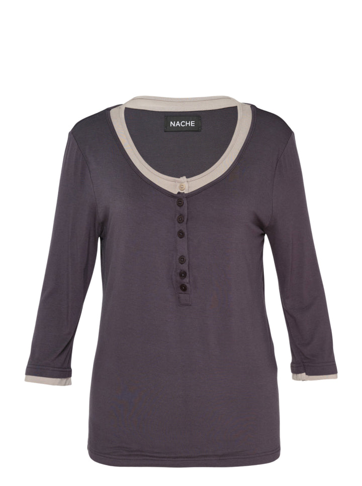 Nache charcoal layered henley neck long sleeve knit top with taupe contrast trim and button placket
