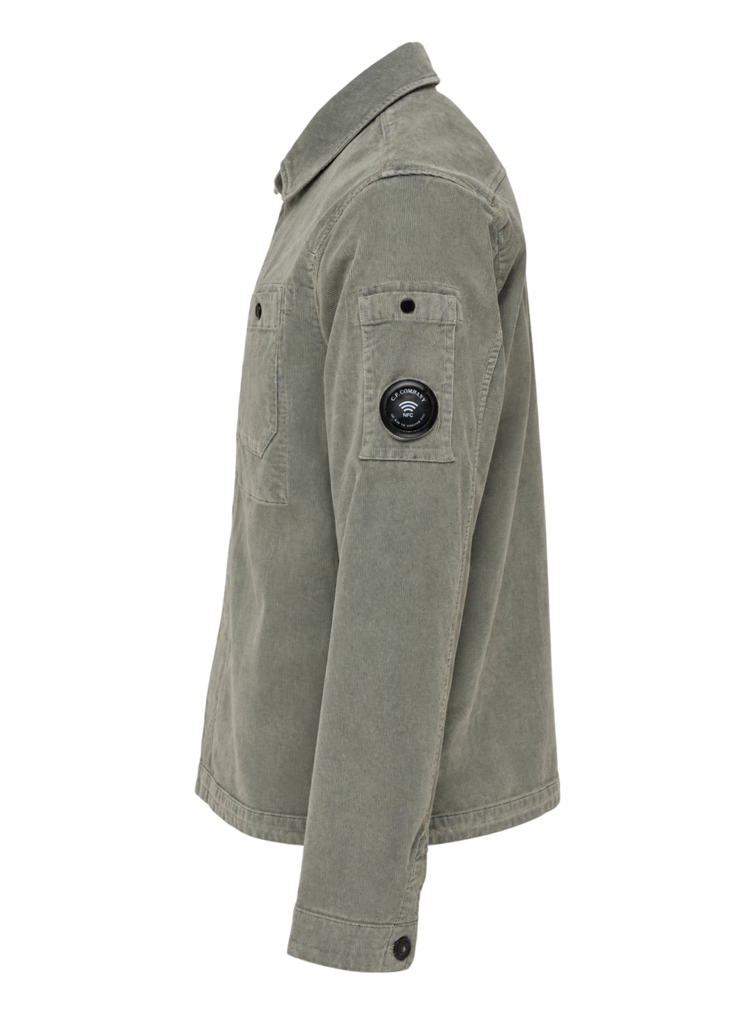C.P. Company sage green corduroy overshirt with chest pockets, concealed button placket and lens detail on the sleeve - view 3