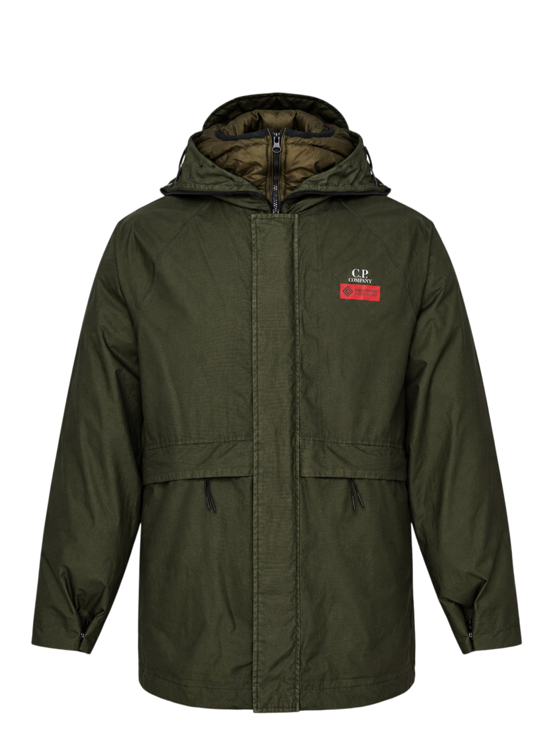 C.P. Company olive green ripstop hooded jacket with quilted inner layer, drawcord waist and chest Windstopper label