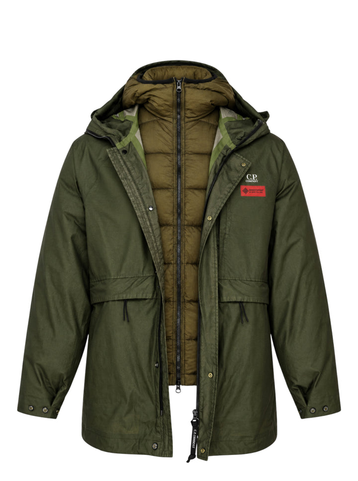 C.P. Company olive green ripstop hooded jacket with quilted inner layer, drawcord waist and chest Windstopper label - view 3