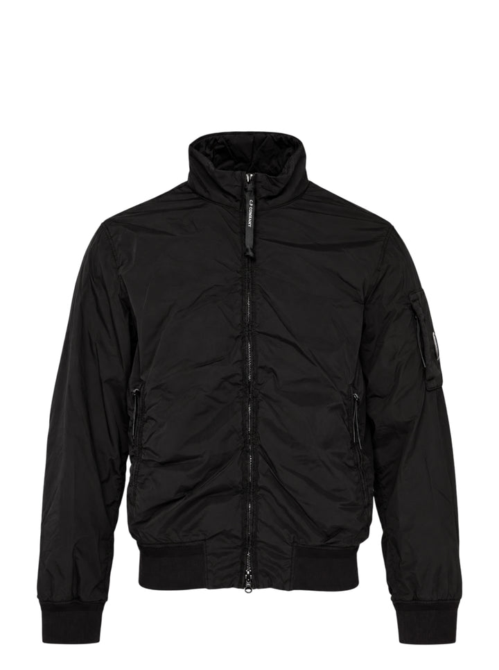 C.P. Company black Nycra-R padded bomber jacket with stand-up collar, double zip front and sleeve lens detail