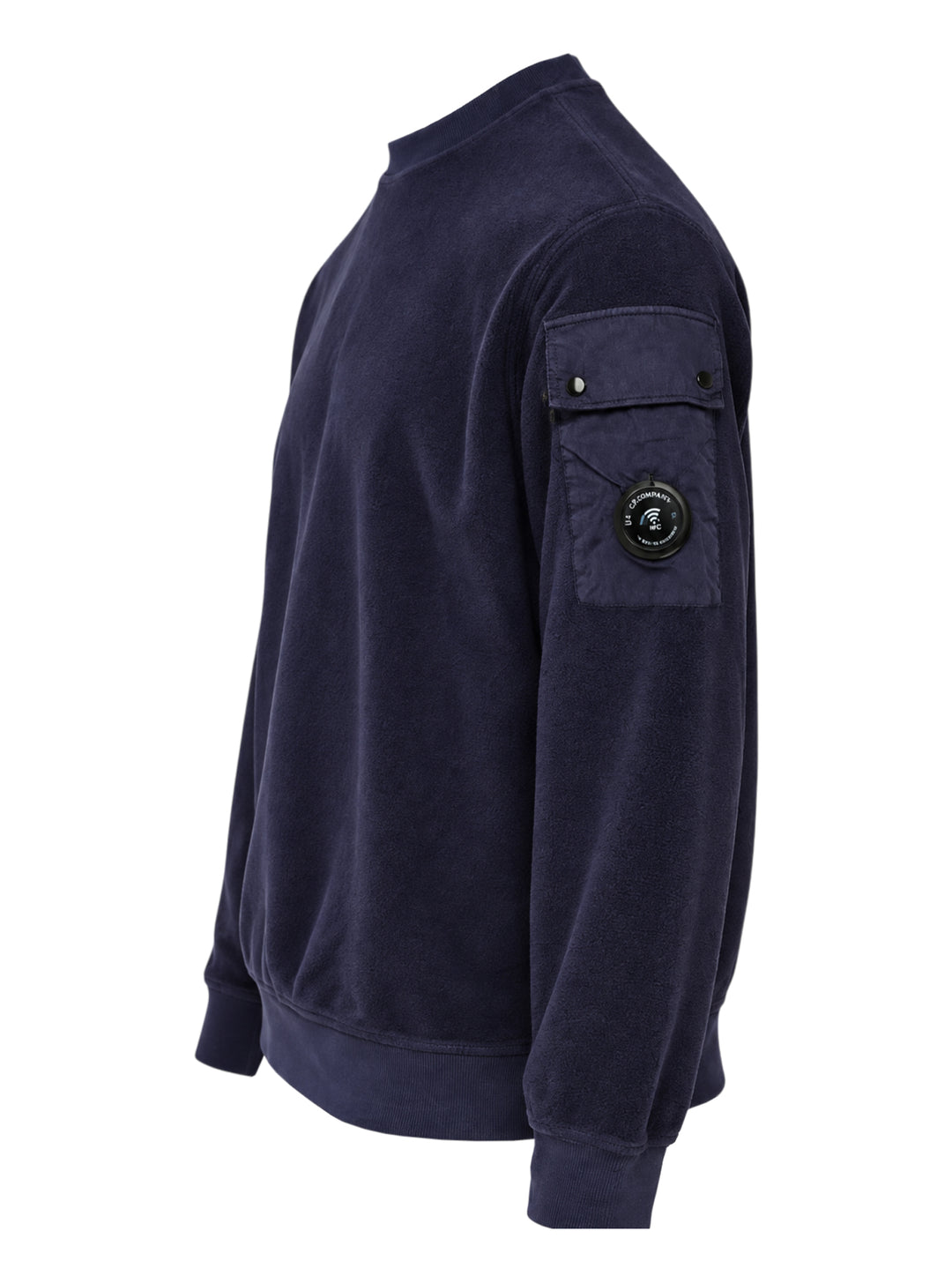 Navy brushed crew neck sweatshirt by C.P. Company with a sleeve utility pocket and signature lens detail - view 3