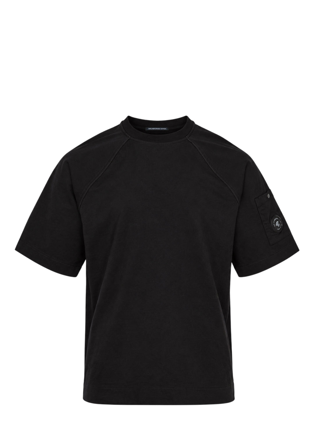 C.P. Company black mercerized cotton jersey raglan t-shirt with snap-fastened sleeve pocket and lens badge, front view