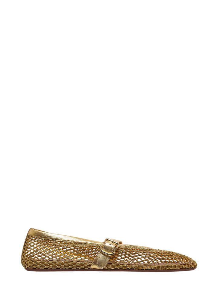 Alaïa La Ballerine Mesh flat in metallic gold with open-weave upper and buckled Mary Jane strap, side view