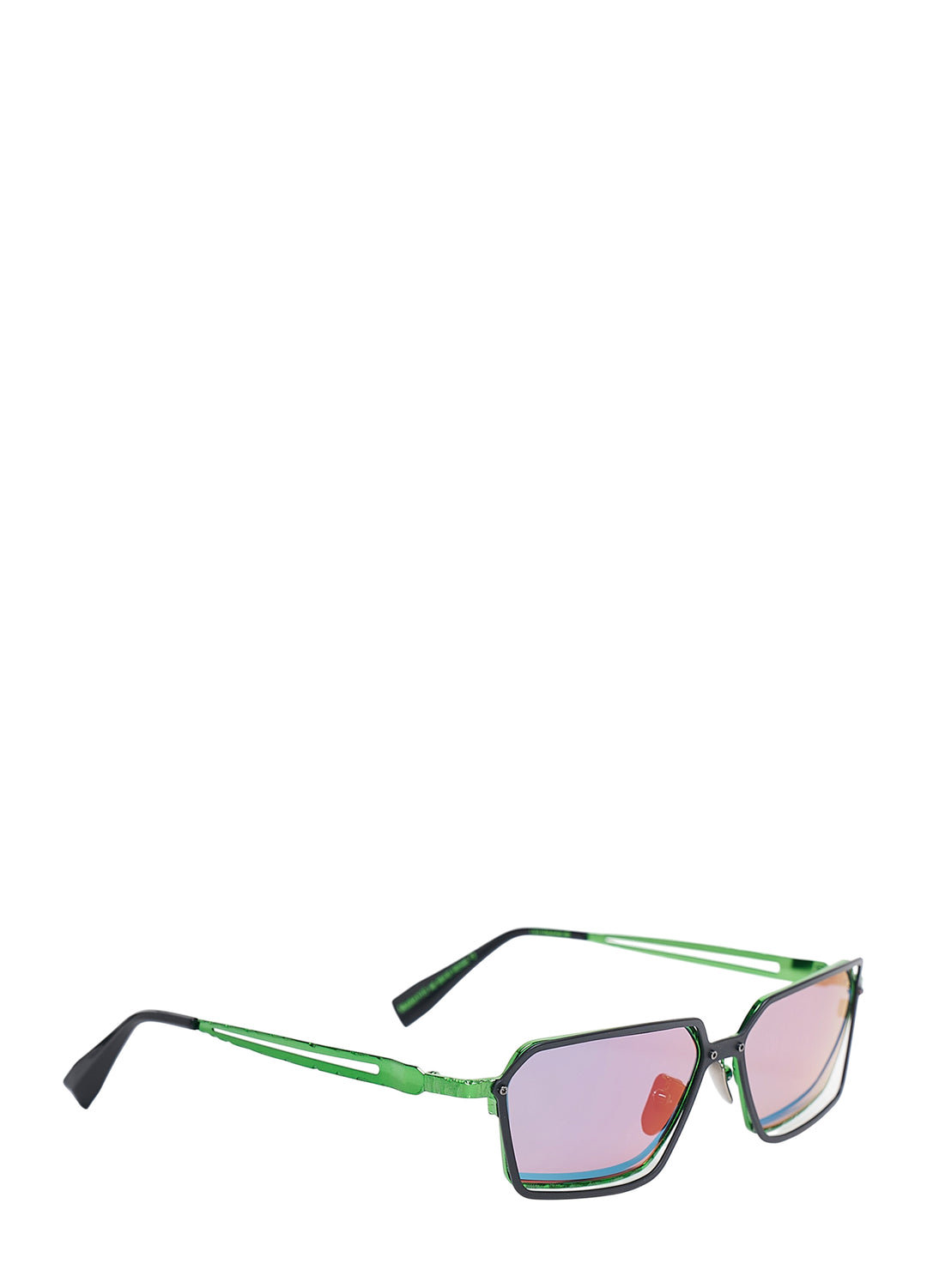 Kuboraum rectangular sunglasses with a dark angular frame, electric green inner rim and temples, and mirrored pink-blue gradient lenses, shown from the front - view 2