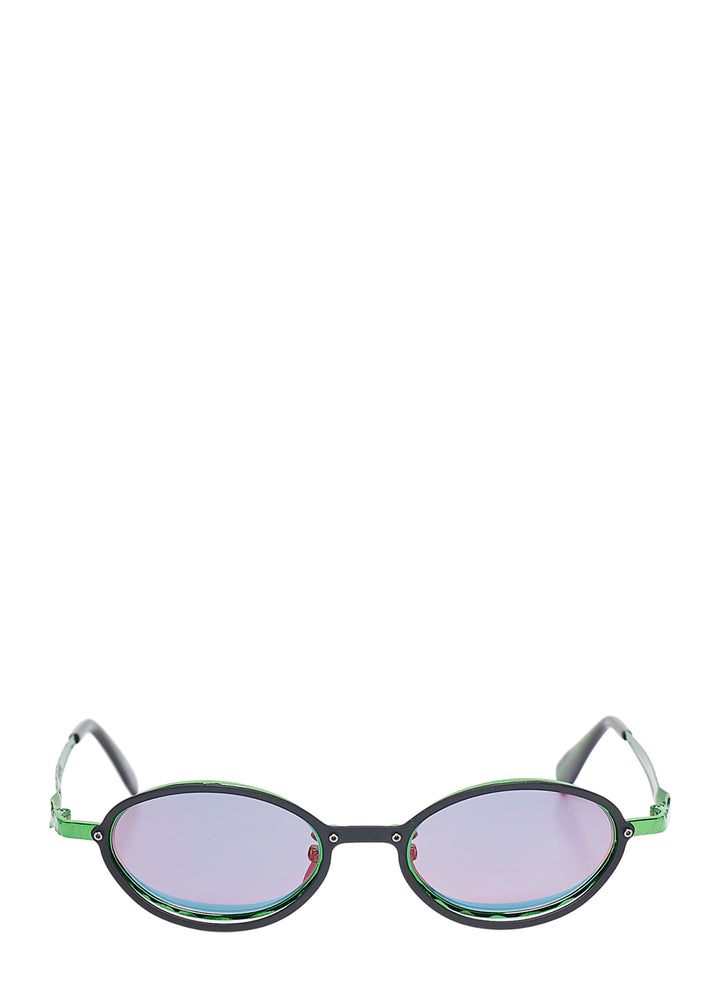 Kuboraum oval sunglasses with a matte black rim, electric green metallic inner frame and tinted gradient lenses, front view