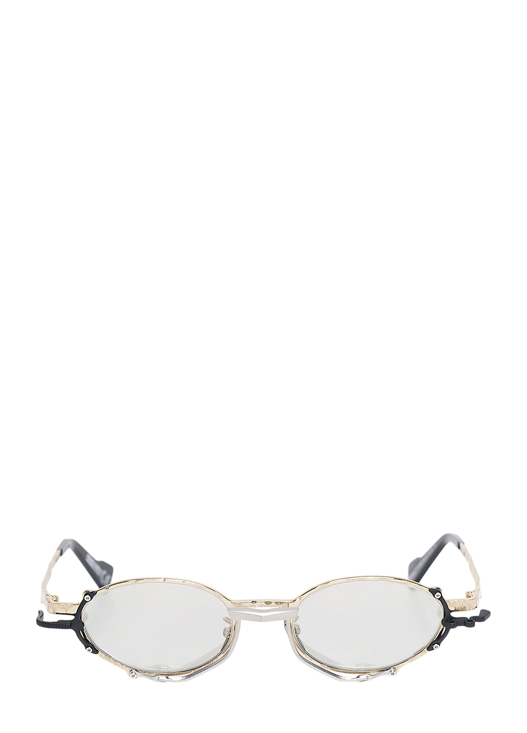 Kuboraum oval glasses with hammered gold-tone metal frame, black hardware accents and light mirrored lenses, front view