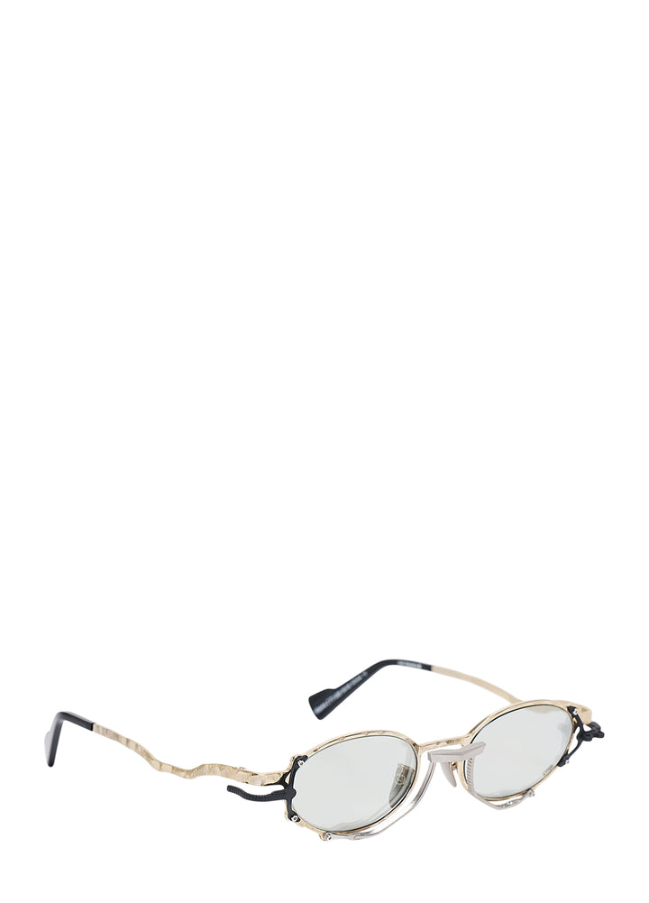 Kuboraum oval glasses with hammered gold-tone metal frame, black hardware accents and light mirrored lenses, front view - view 2