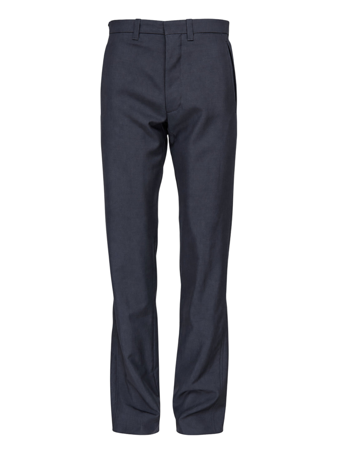 Prada light mohair trousers in dark charcoal navy with straight leg, belt loops and concealed fly, shown from the front