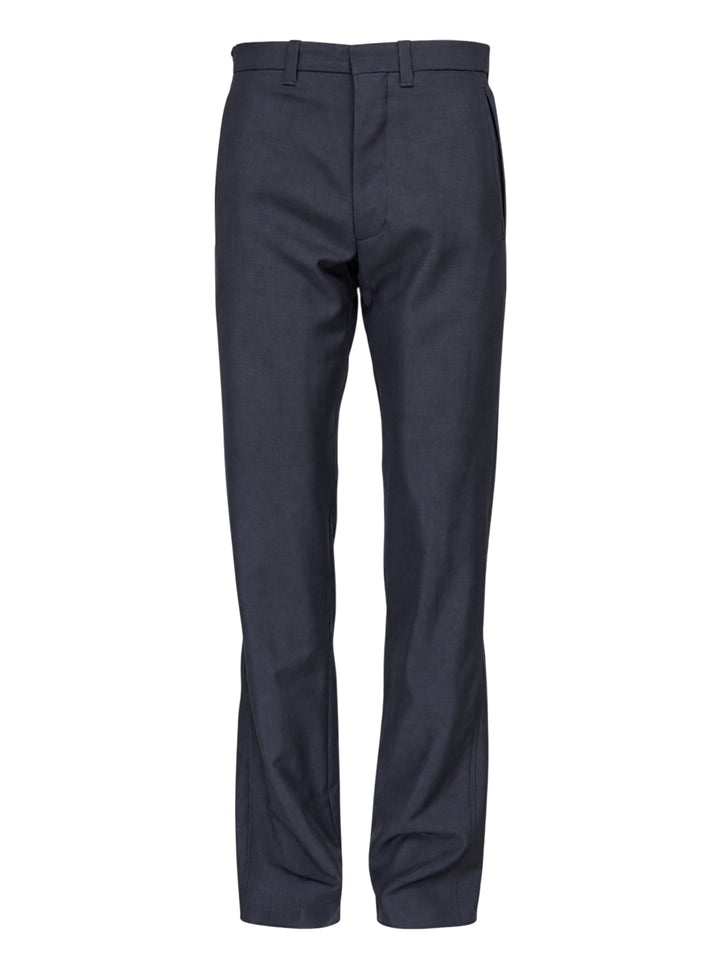Prada light mohair trousers in dark charcoal navy with straight leg, belt loops and concealed fly, shown from the front