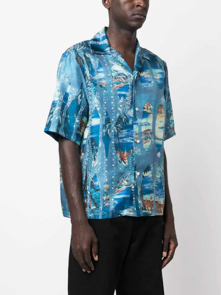 AMIRI Bleach Bandana Bowling Shirt Blue 3
