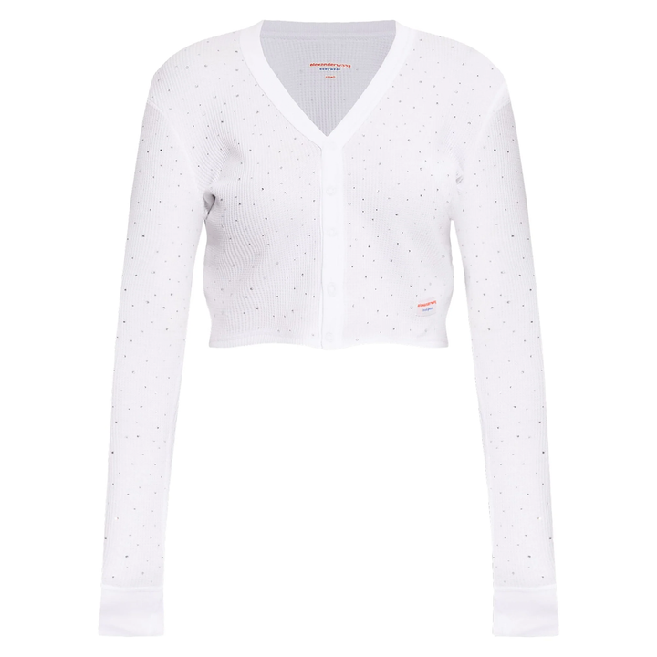 Crystal Hotfix Long-Sleeve Cardigan In Waffle Knit