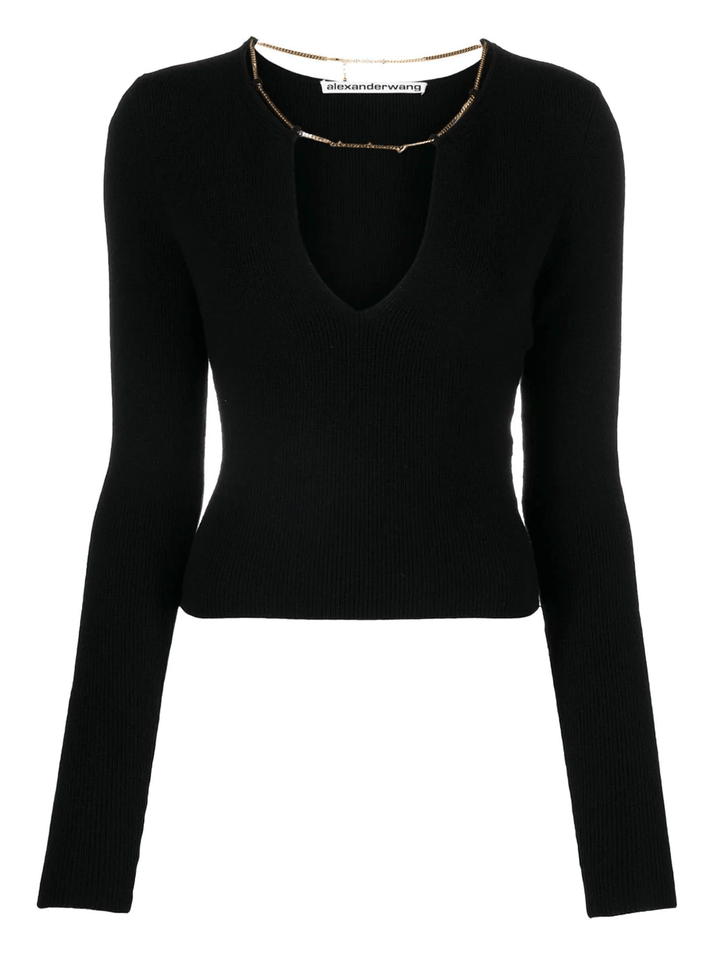 Alexander-Wang-V-Neck-Long-Sleeve-Pullover-With-Logo-Black-1