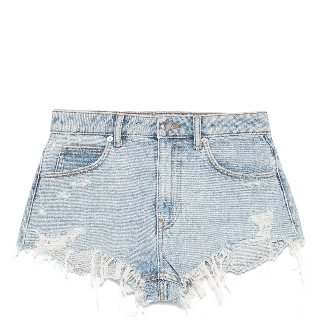 Clear Bead Hotfix Distressed Denim Shorts