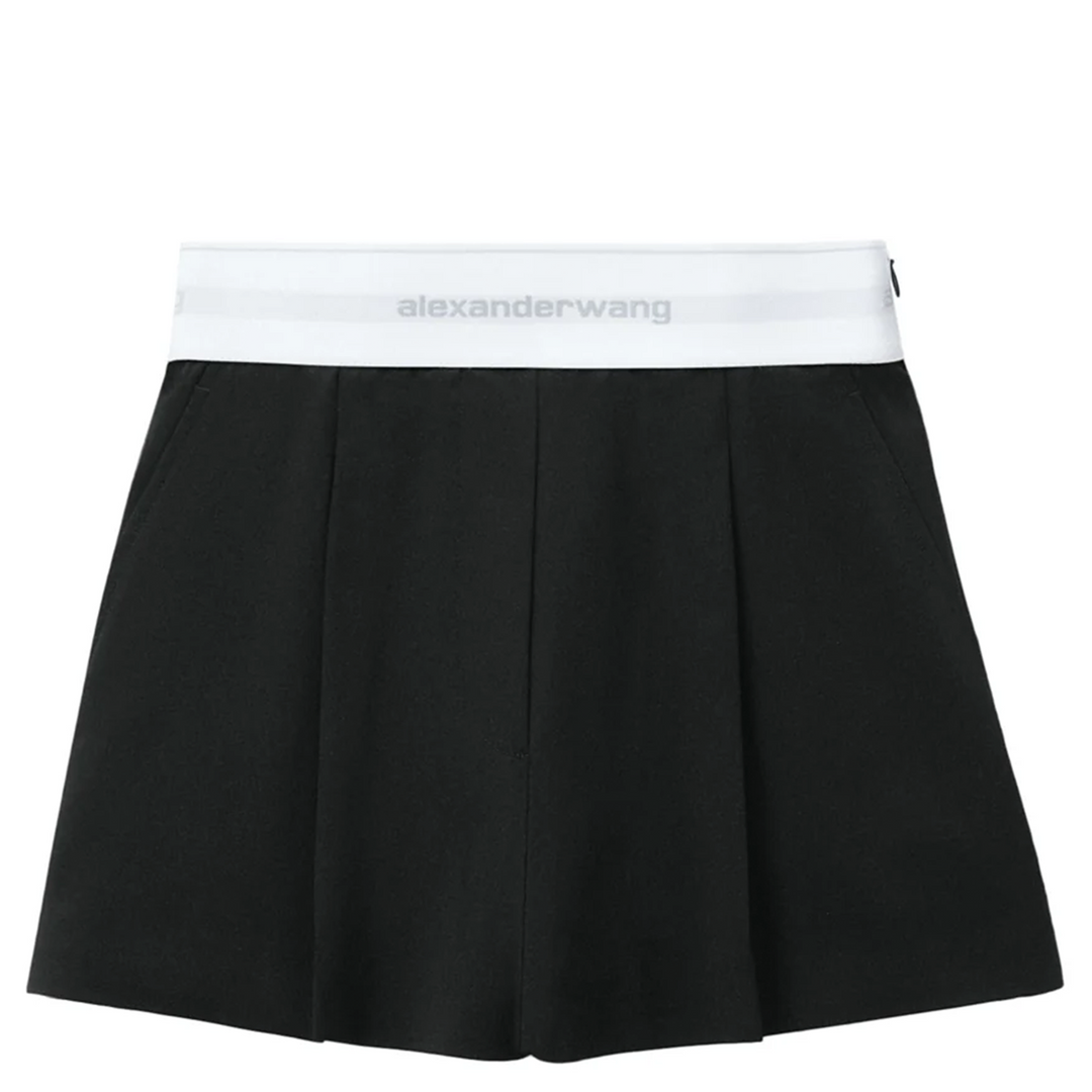 Alexander Wang black high-waist pleated short with white logo elastic waistband, front view on white background