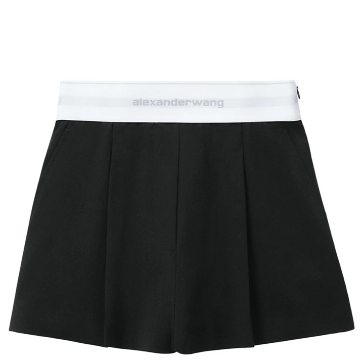 Alexander Wang black high-waist pleated short with white logo elastic waistband, front view on white background