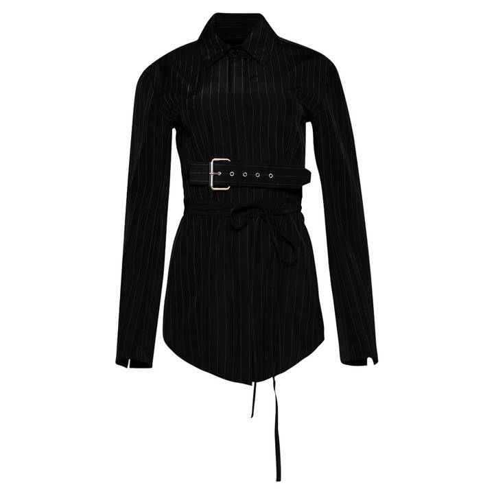 Long Sleeve Belted Shirt In Pinstripe Wool