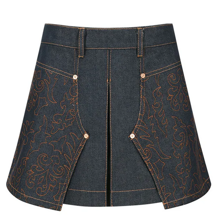 Embroidery Panel Pleated Denim Skirt