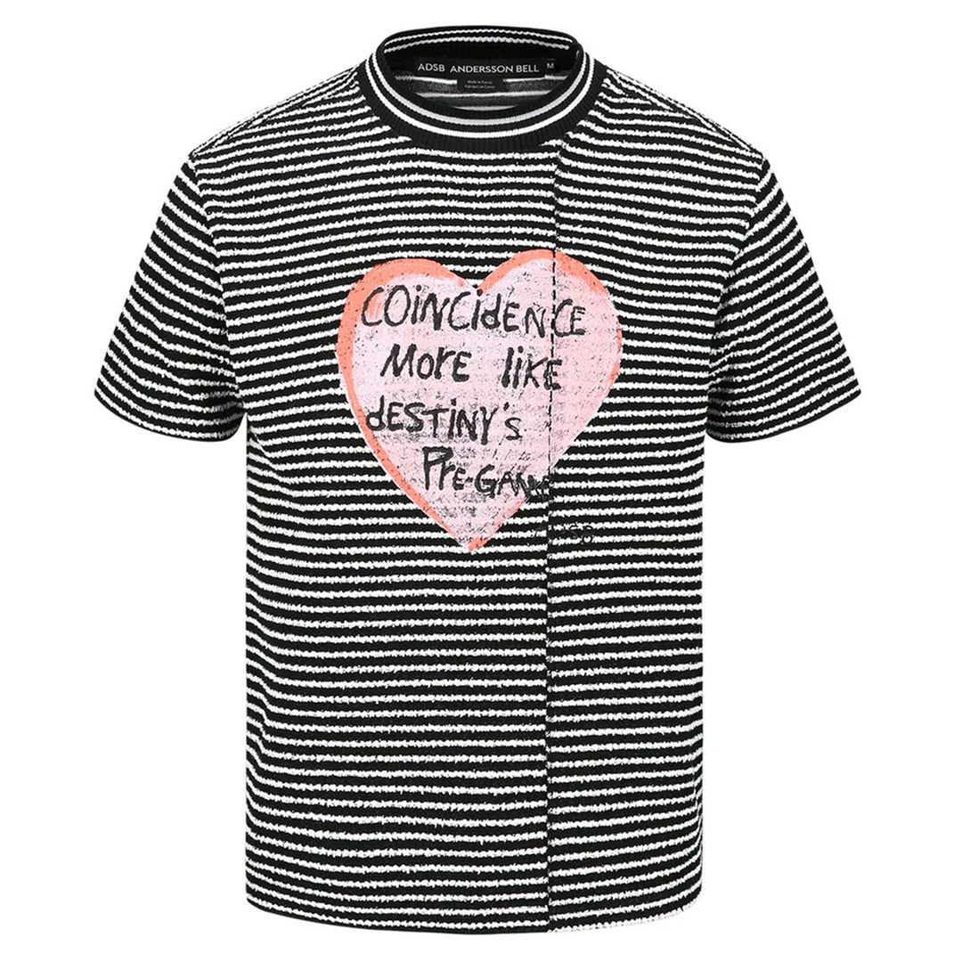 Heart Message Stripe Crew Neck Knit Top