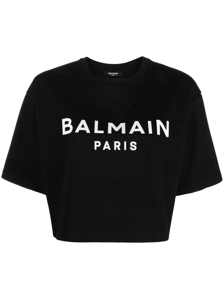 Balmain-Printed-Cropped-T-Shirt-Black-1