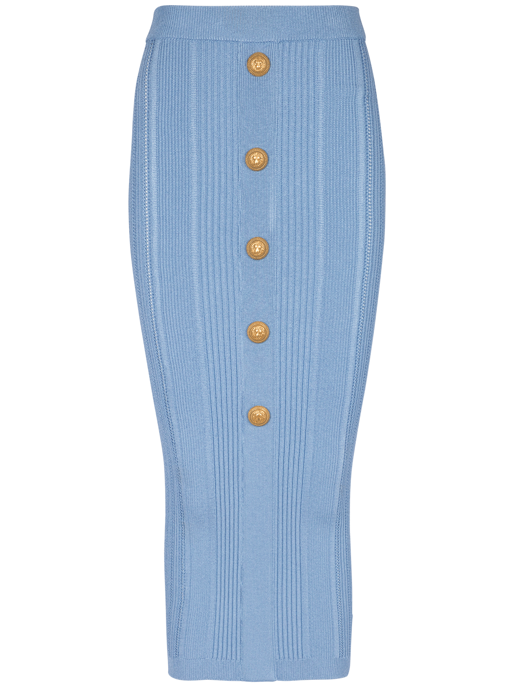 Balmain-See-Through-Button-Knit-Midi-Skirt-Blue-1