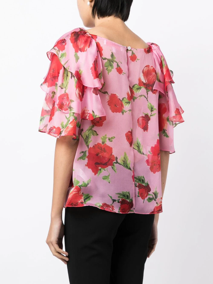 Carolina Herrera Elbow Sleeve Tiered Ruffle Top Floral 4