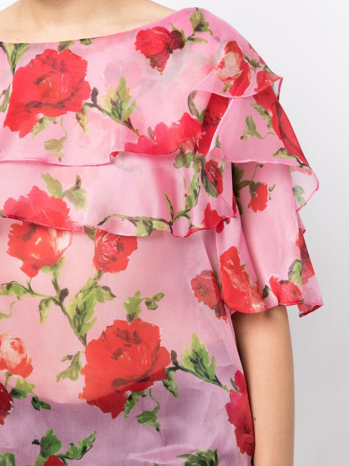 Carolina Herrera Elbow Sleeve Tiered Ruffle Top Floral 5