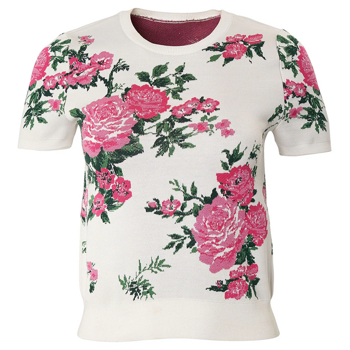 실크 자카드 소재의 크루넥 탑