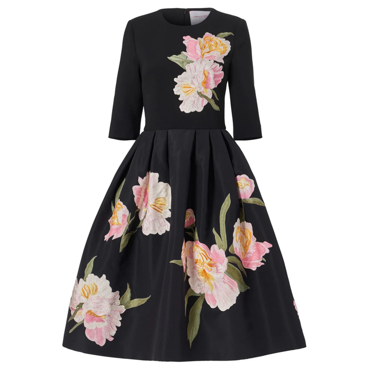 Carolina_Herrera_Embroidered_Elbow_Sleeve_Knee_Length_Dress_Black