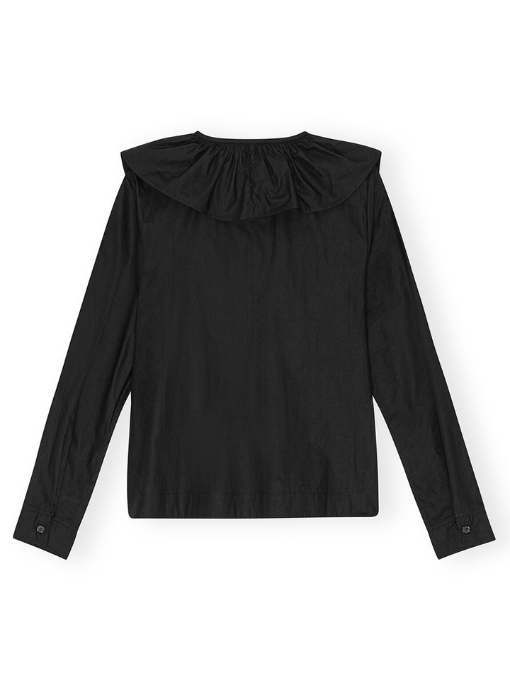 GANNI-Cotton-Poplin-Ruffle-V-Neck-Blouse-Black-2