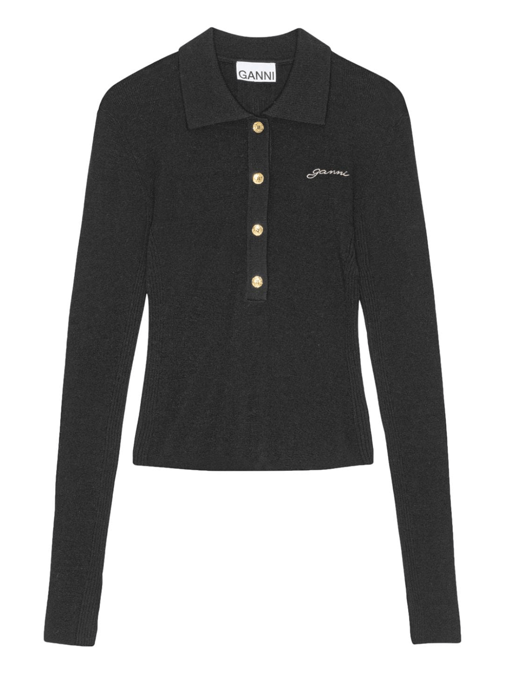 GANNI-Mini-Ribbed-Merino-Polo-Black-1