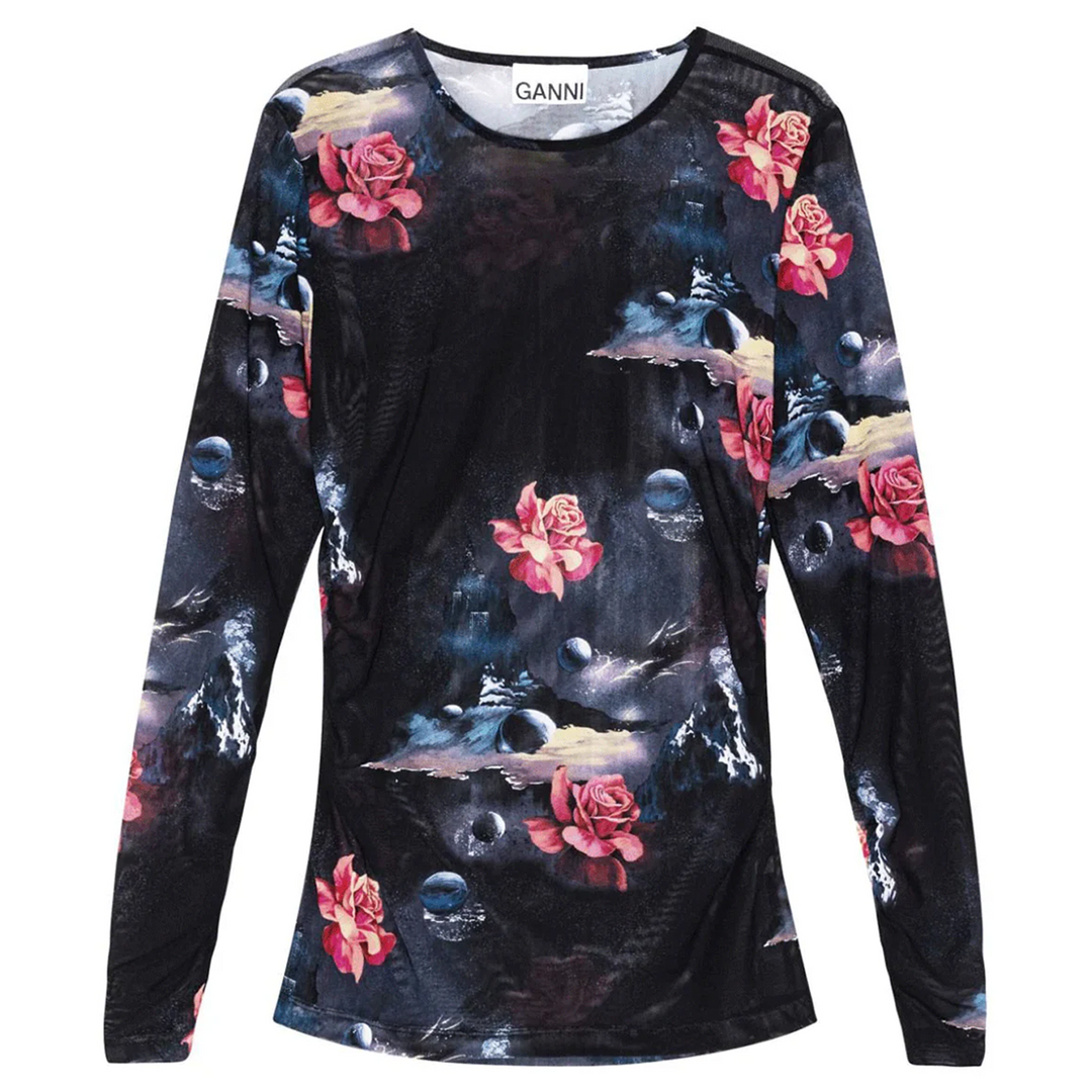 Printed Mesh Long Sleeve Gather Top