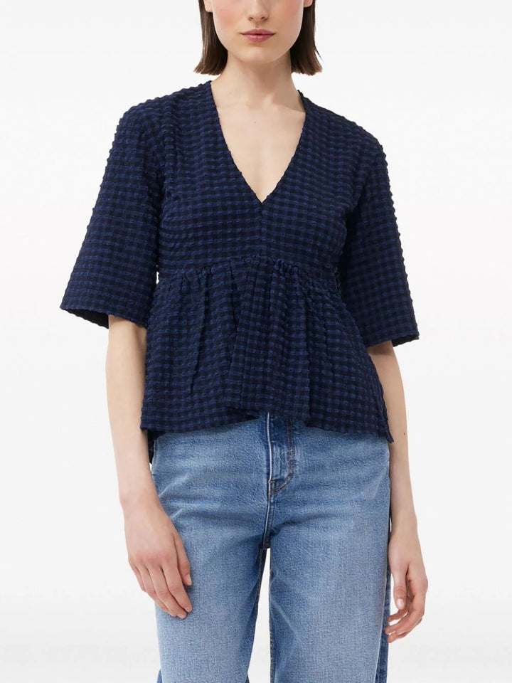 GANNI-Stretch-Seersucker-V-Neck-Blouse-Navy-5