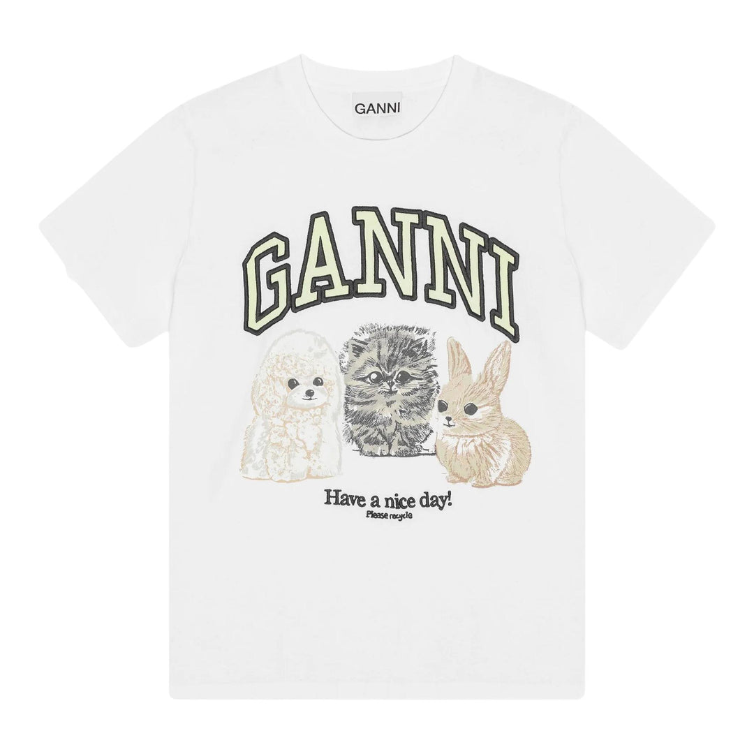 Club21 - GANNI - Basic Cotton Jersey Animal Print Relaxed Fit T-Shirt - TEES - White