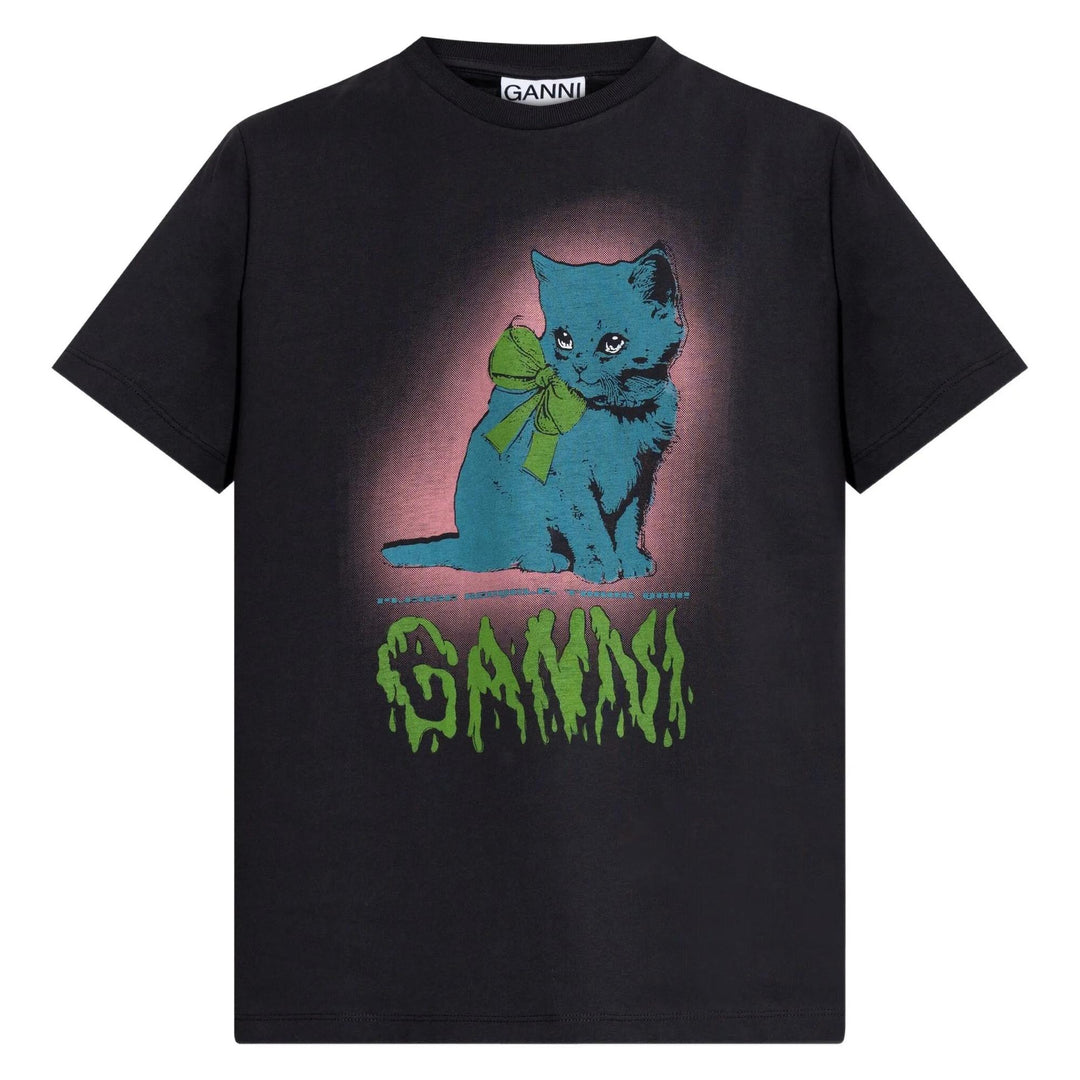 Club21 - GANNI - Basic Cotton Jersey Neon Kitty T-Shirt - TEES - Charcoal