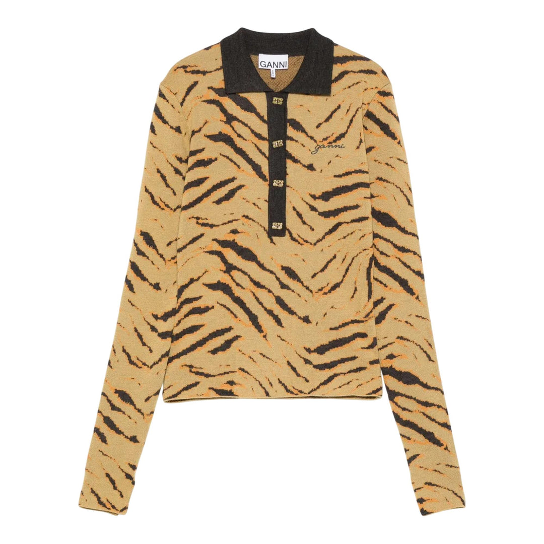 Club21 - GANNI - Fine Merino Jacquard Polo - POLOS - Multi