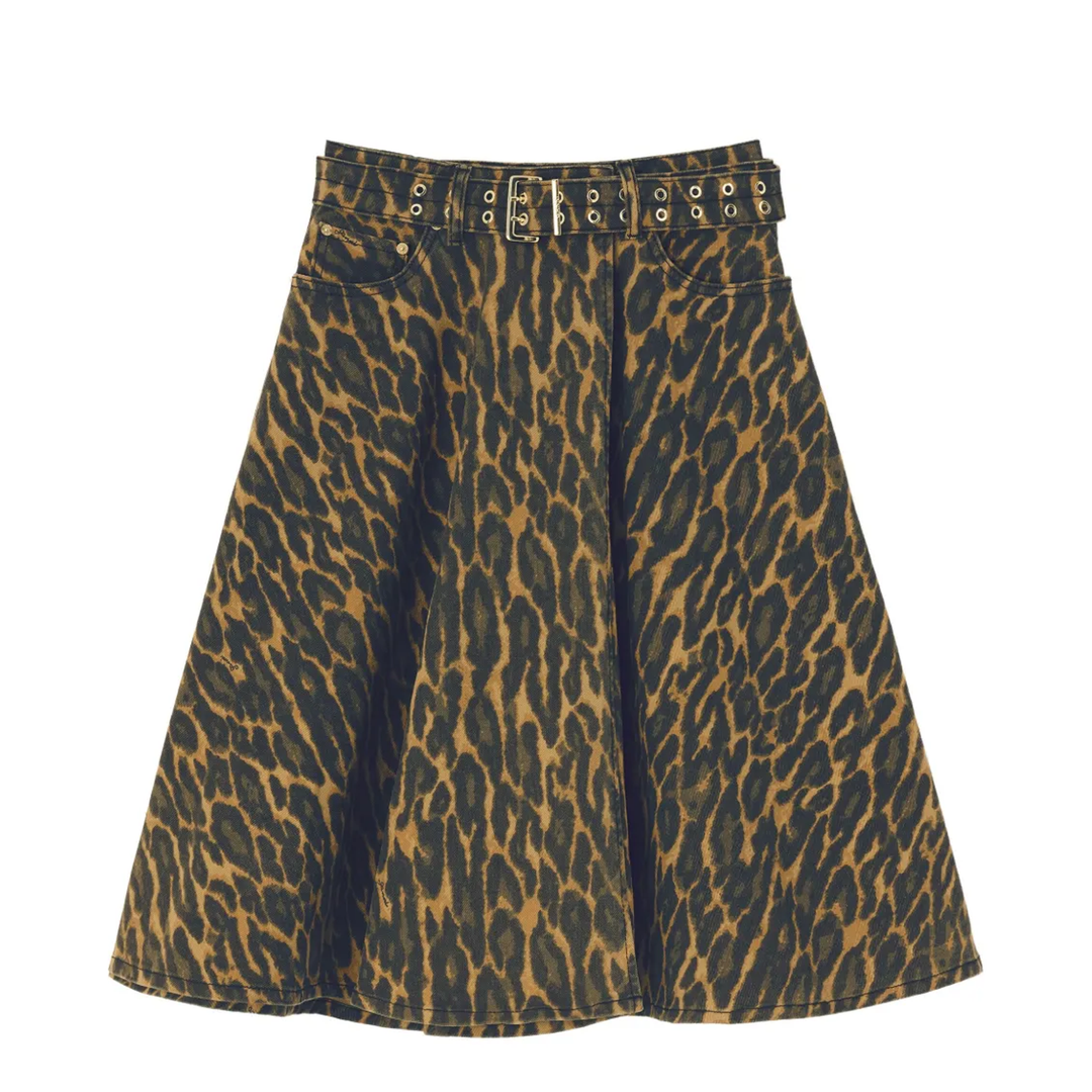 Print Denim Wrap Midi Skirt