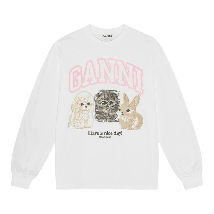 Club21 - GANNI - Re-Cut Heavy Jersey Animal Print Long Sleeve T-Shirt - SWEATSHIRTS - White